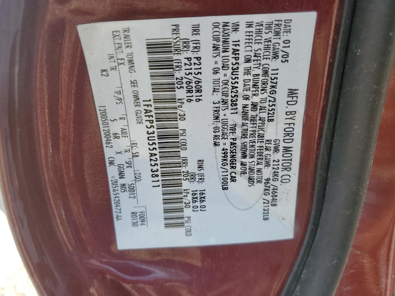 2005 Ford Taurus Se VIN: 1FAFP53U55A253811 Lot: 69763615