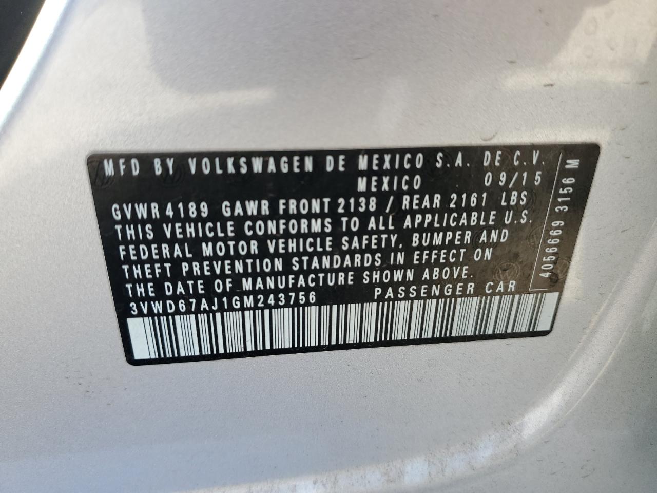 2016 Volkswagen Jetta Se VIN: 3VWD67AJ1GM243756 Lot: 70571015