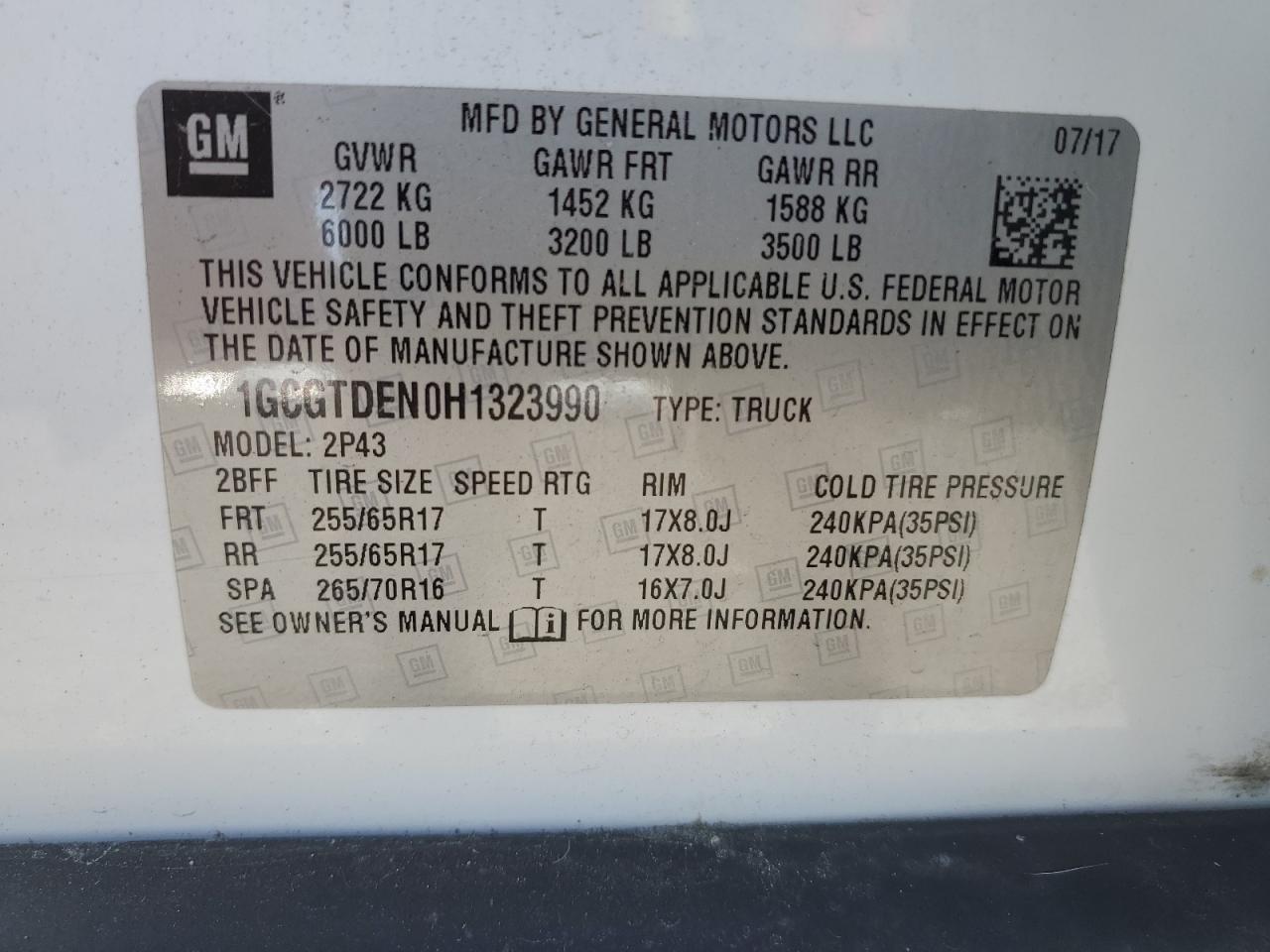 2017 Chevrolet Colorado Z71 VIN: 1GCGTDEN0H1323990 Lot: 67102315