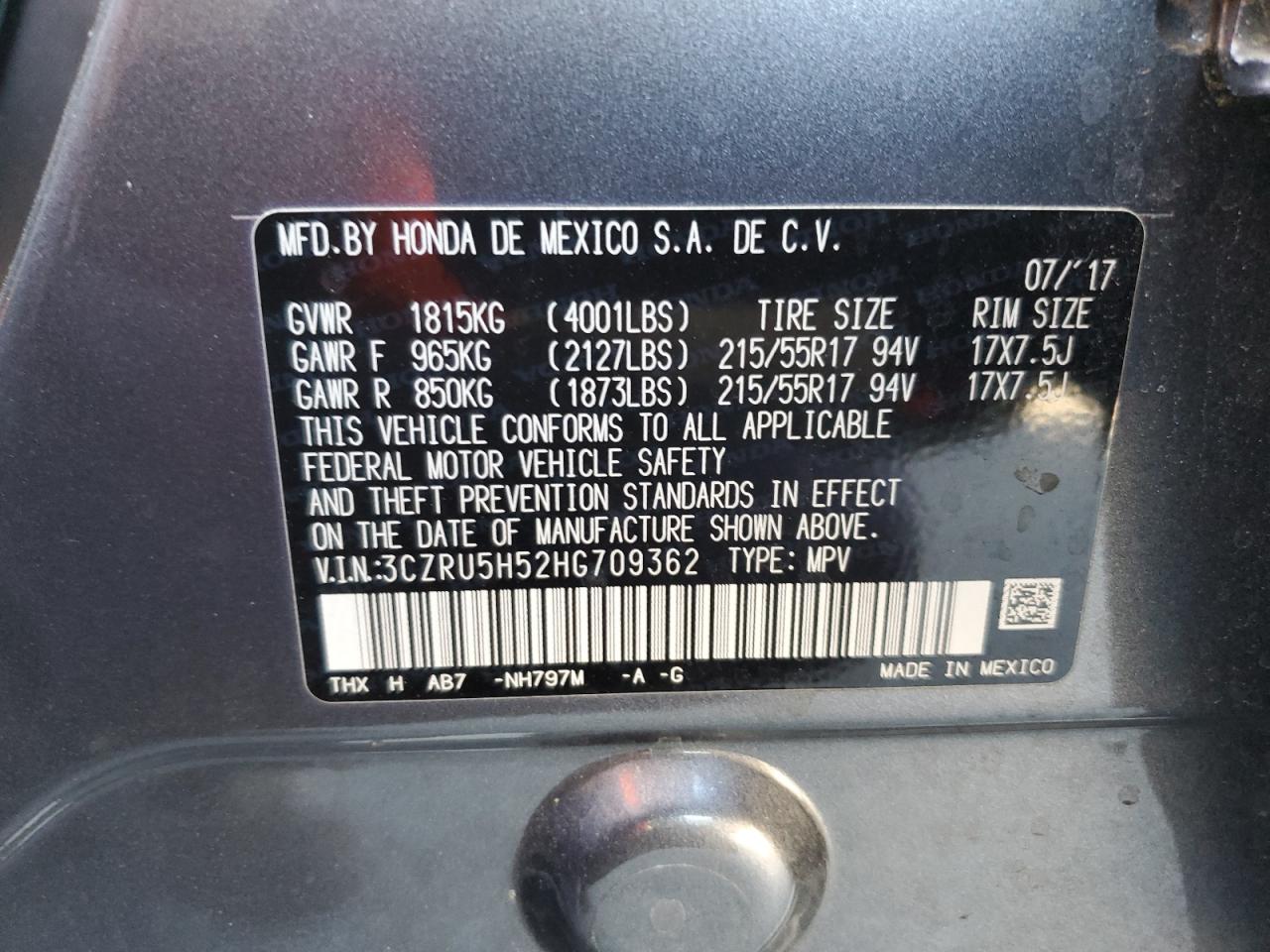 2017 Honda Hr-V Ex VIN: 3CZRU5H52HG709362 Lot: 69521255