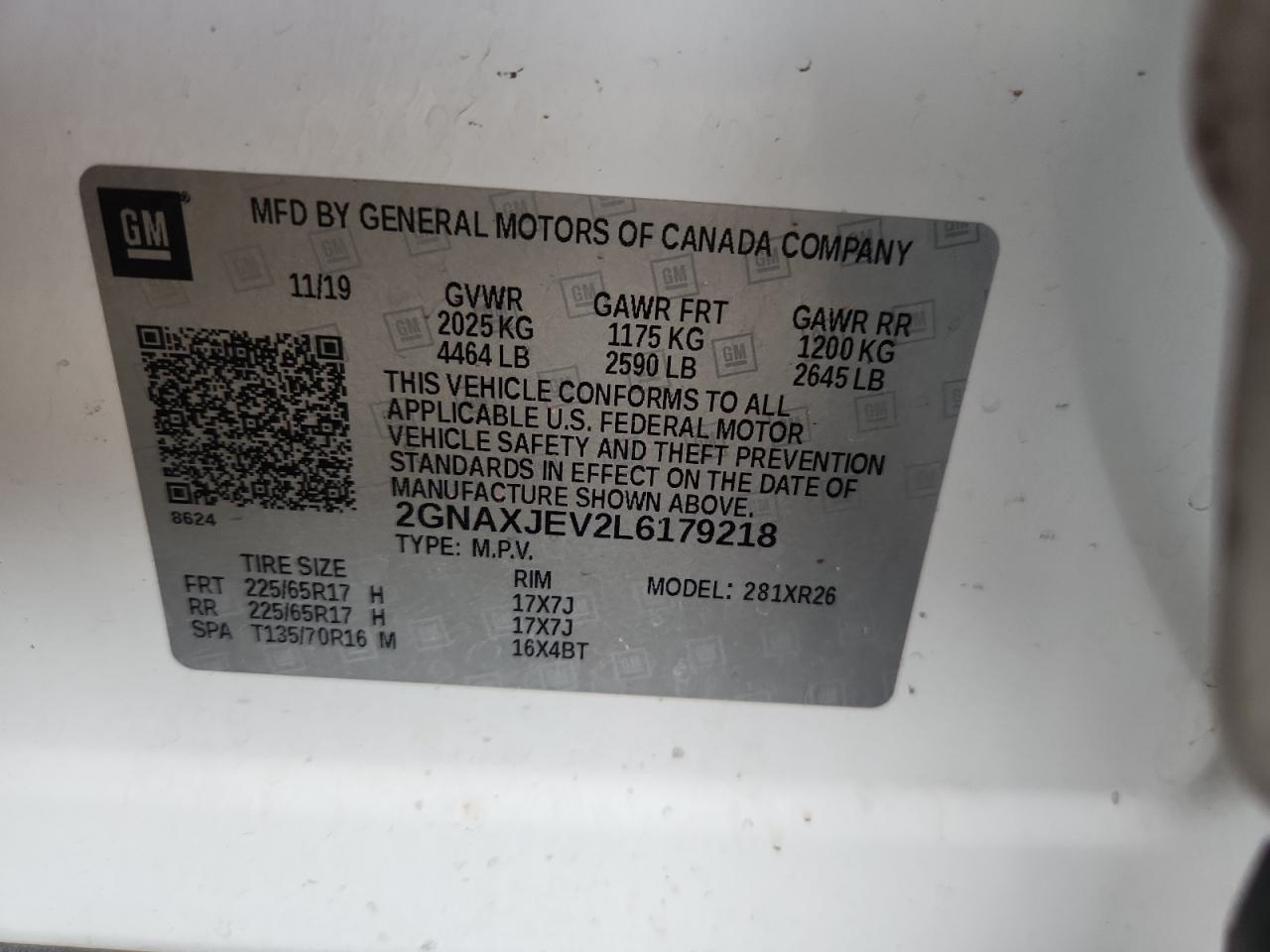 2020 Chevrolet Equinox Lt VIN: 2GNAXJEV2L6179218 Lot: 71063395