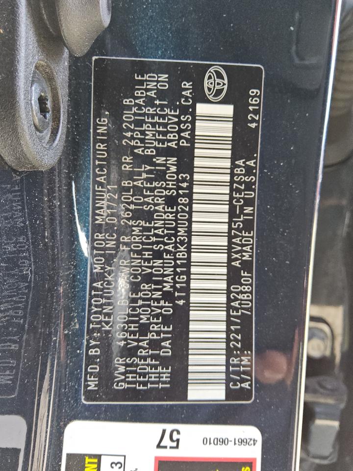 2021 Toyota Camry Se VIN: 4T1G11BK3MU028143 Lot: 65530225