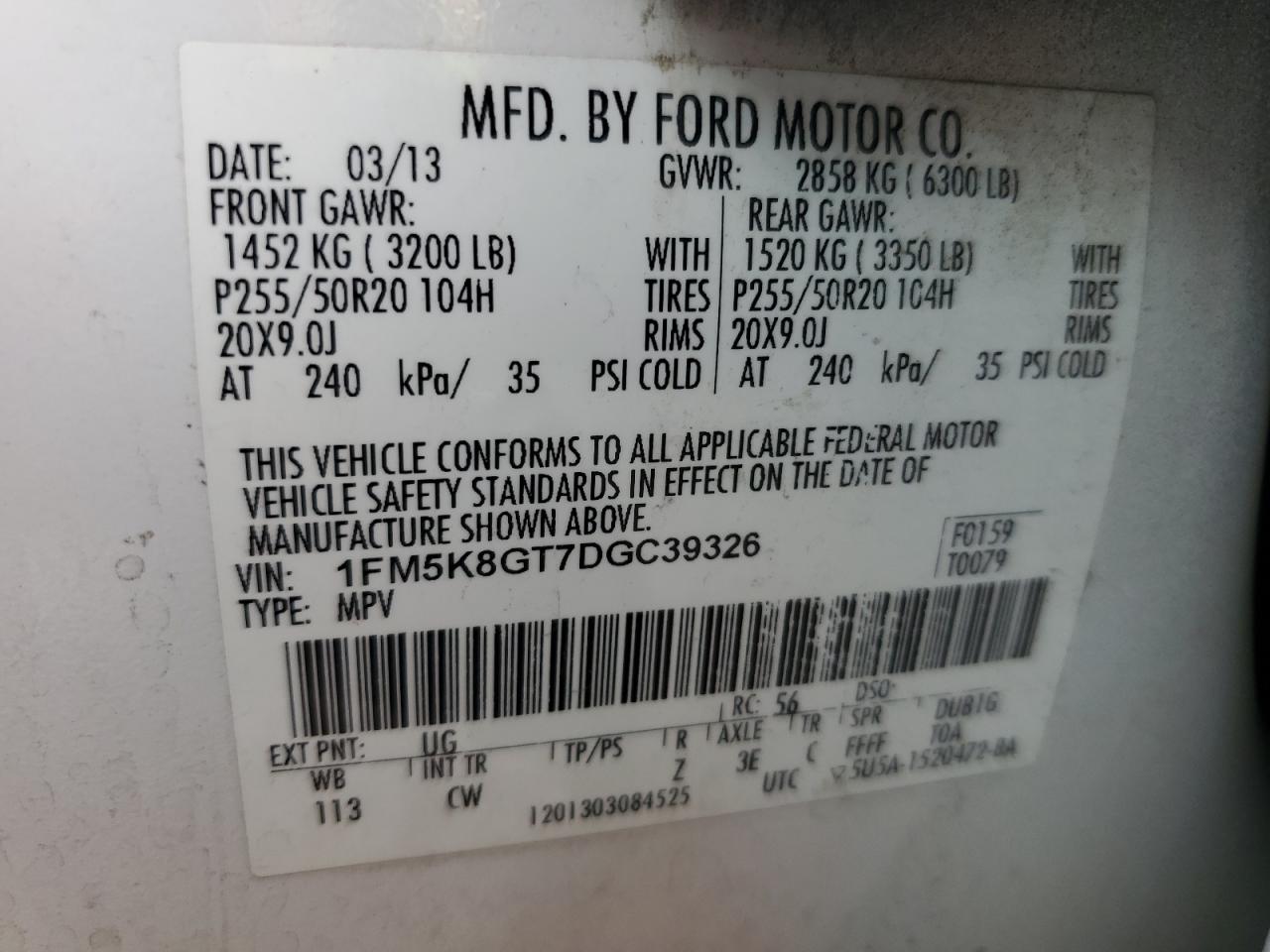 2013 Ford Explorer Sport VIN: 1FM5K8GT7DGC39326 Lot: 70043915