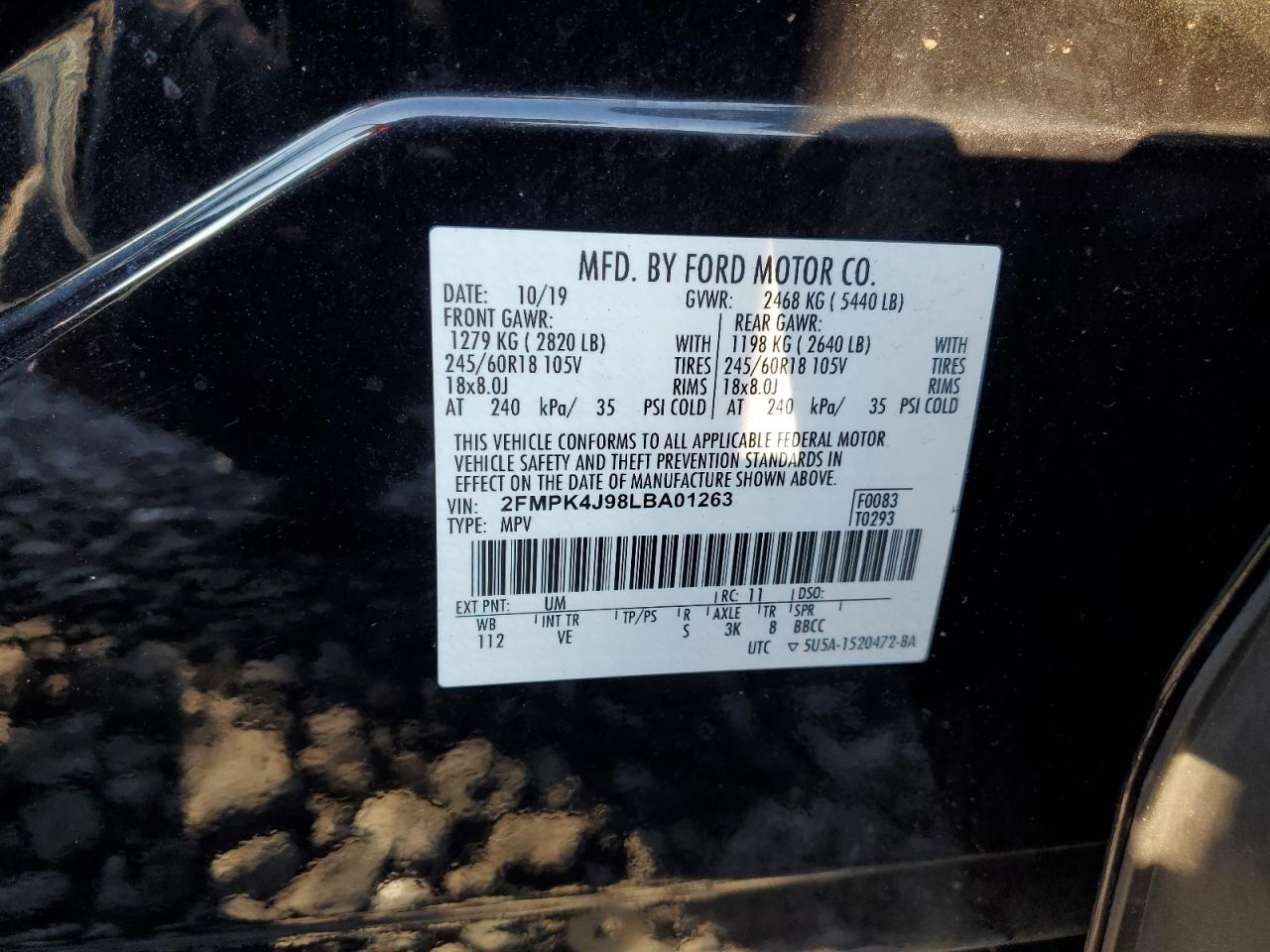 2020 Ford Edge Sel VIN: 2FMPK4J98LBA01263 Lot: 68761985