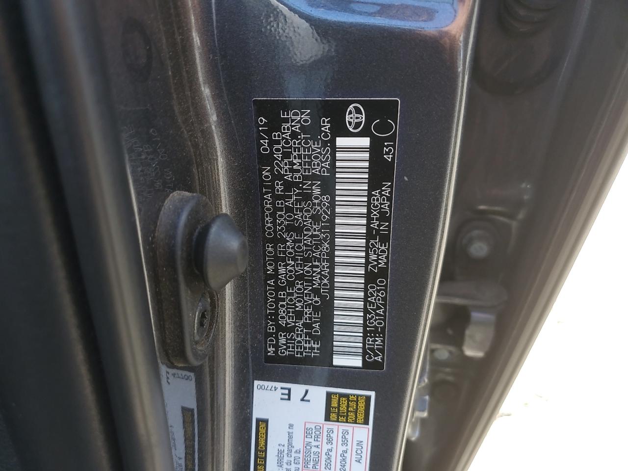 2019 Toyota Prius Prime VIN: JTDKARFP8K3119298 Lot: 68171155