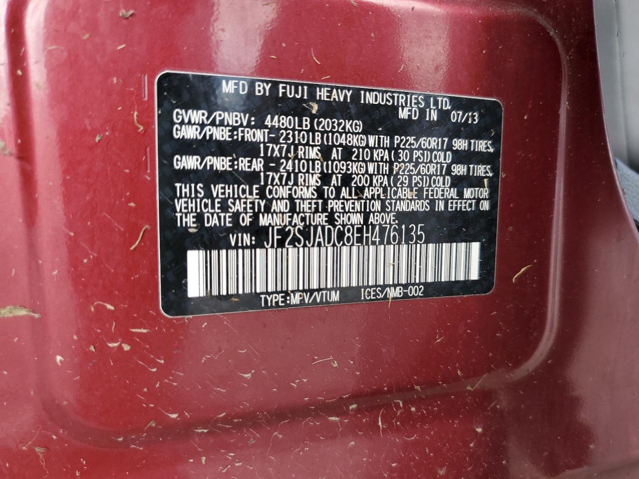 2014 Subaru Forester 2.5I Premium VIN: JF2SJADC8EH476135 Lot: 67742355