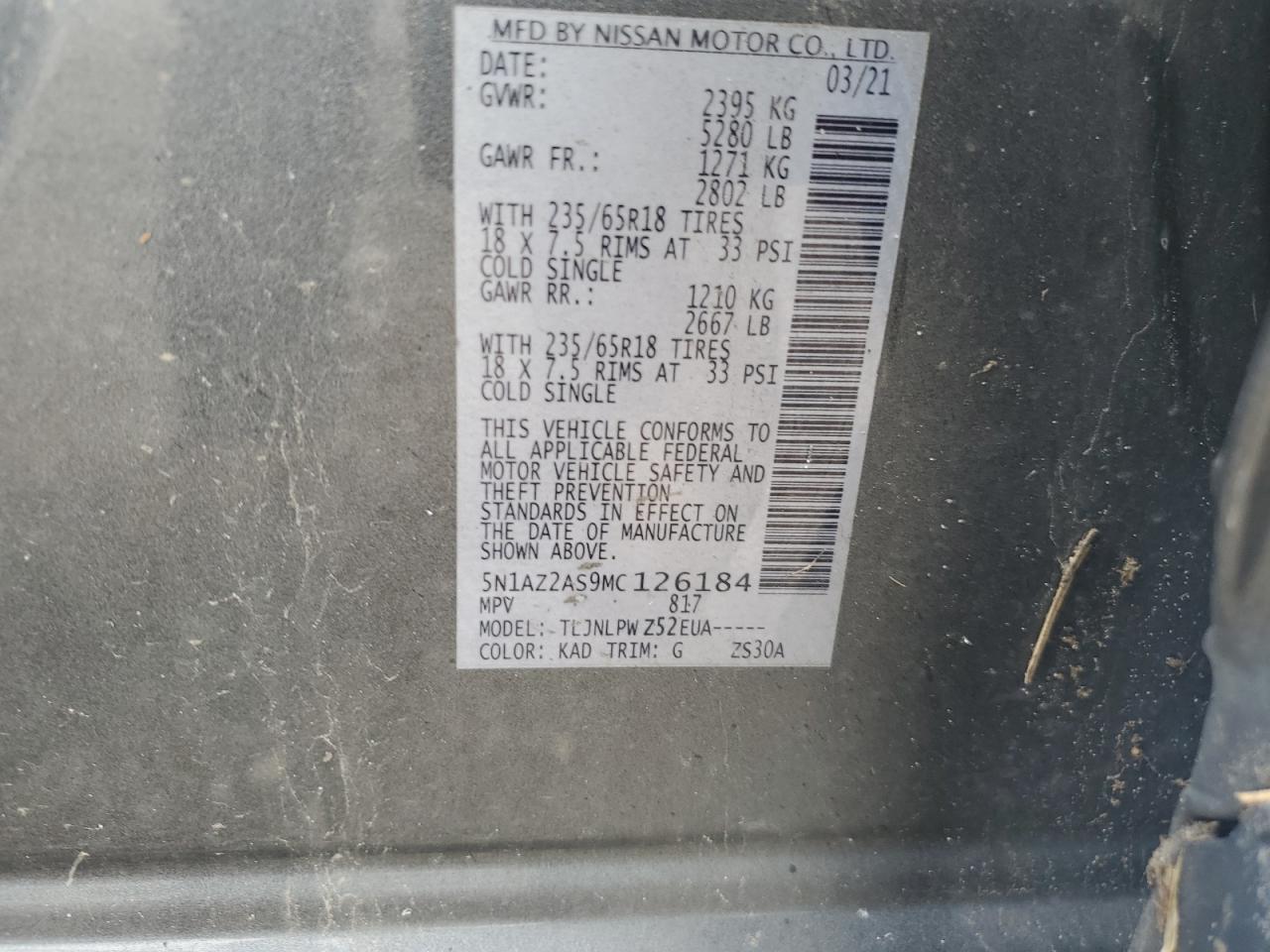 2021 Nissan Murano S VIN: 5N1AZ2AS9MC126184 Lot: 69670385