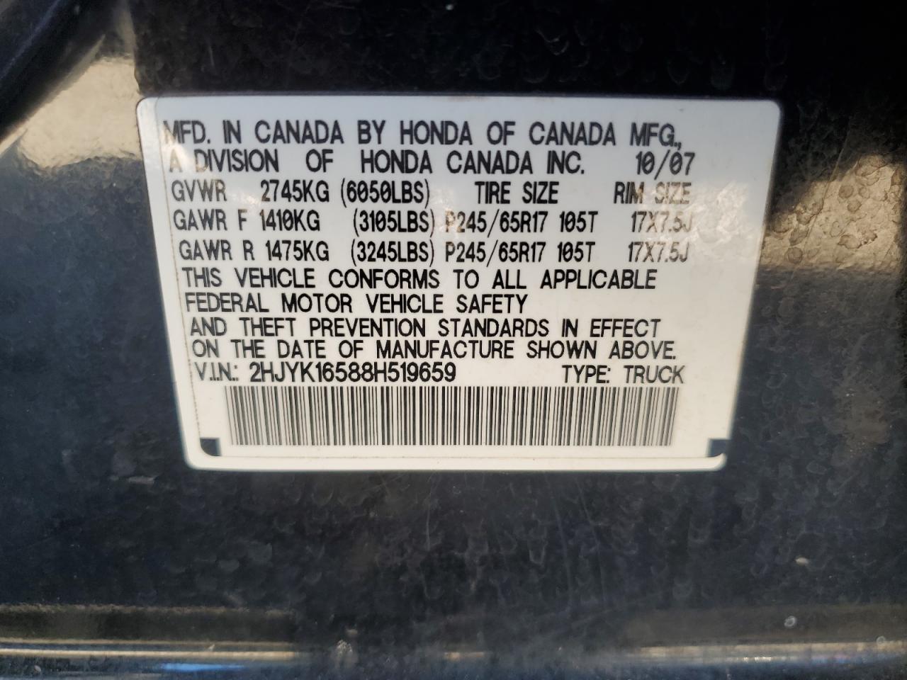 2008 Honda Ridgeline Rtl VIN: 2HJYK16588H519659 Lot: 70935965