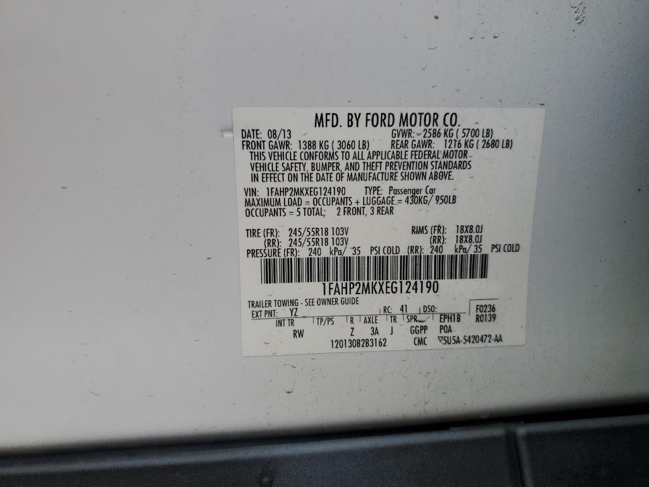 2014 Ford Taurus Police Interceptor VIN: 1FAHP2MKXEG124190 Lot: 68029785