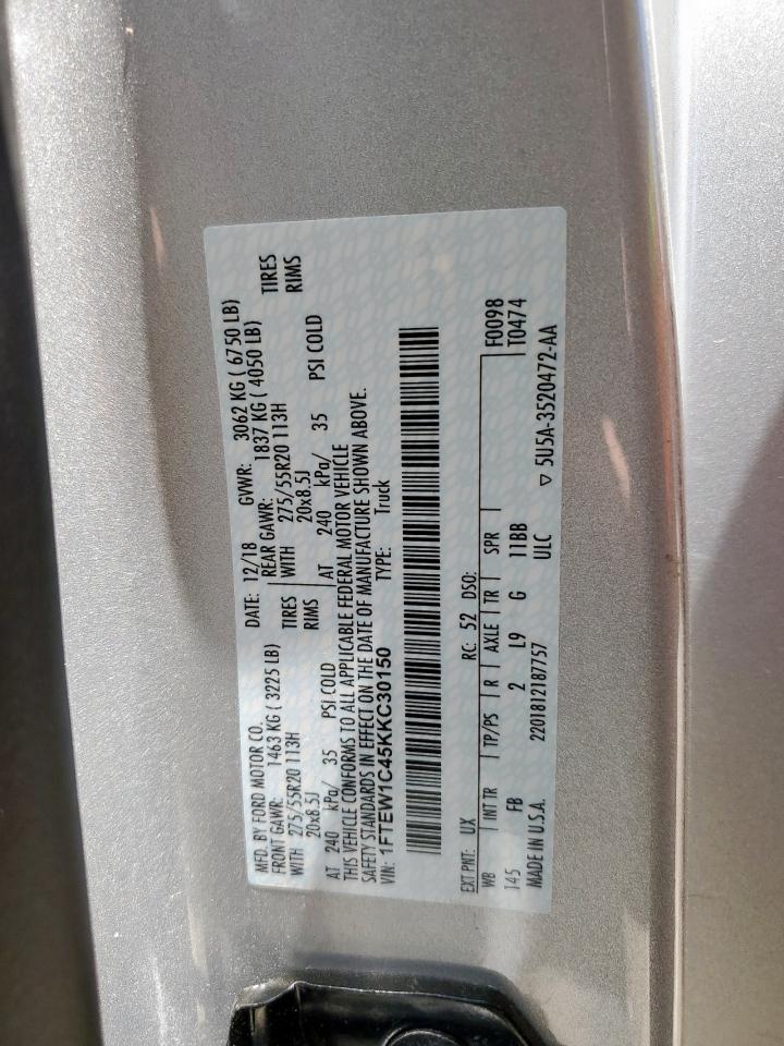 2019 Ford F150 Supercrew VIN: 1FTEW1C45KKC30150 Lot: 67260265