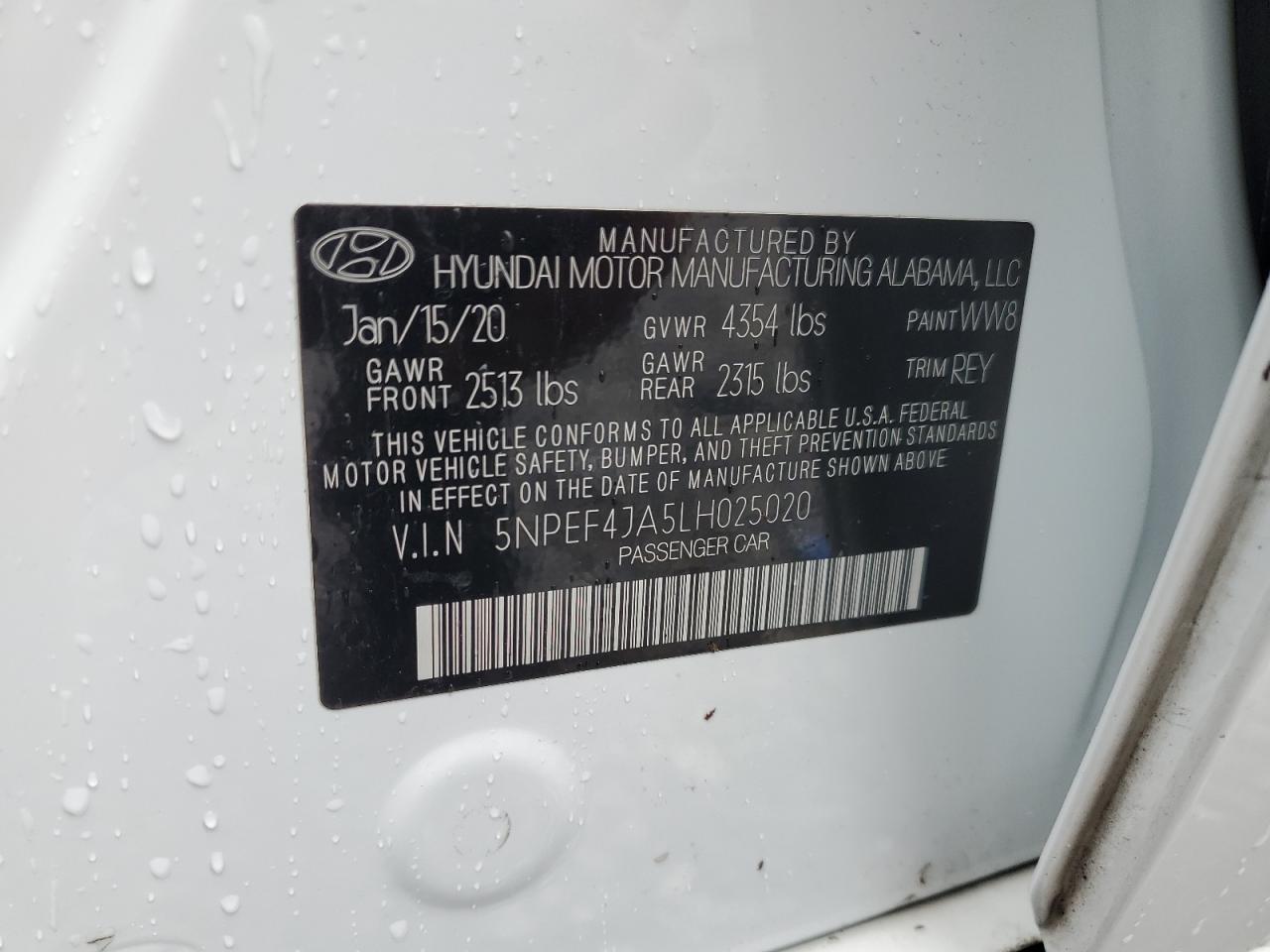 2020 Hyundai Sonata Sel VIN: 5NPEF4JA5LH025020 Lot: 69611925