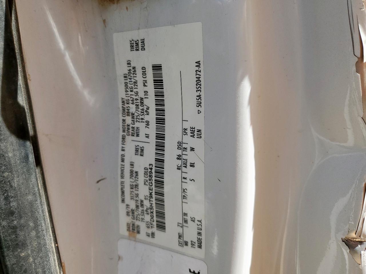 2019 Ford F550 Super Duty VIN: 1FD0X5HT9KEG58943 Lot: 69936505