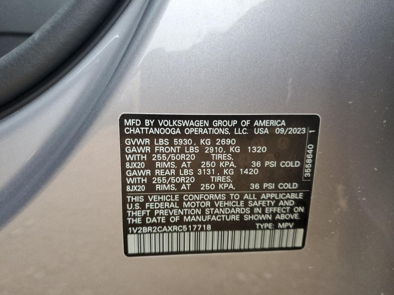 2024 Volkswagen Atlas Sel VIN: 1V2BR2CAXRC517718 Lot: 67178185