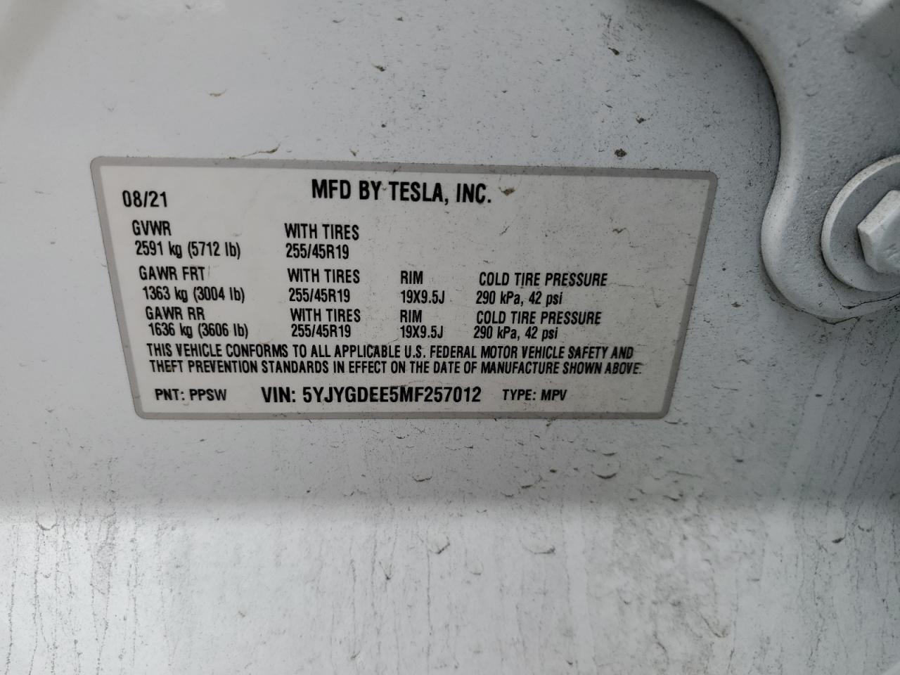 2021 Tesla Model Y VIN: 5YJYGDEE5MF257012 Lot: 67896095