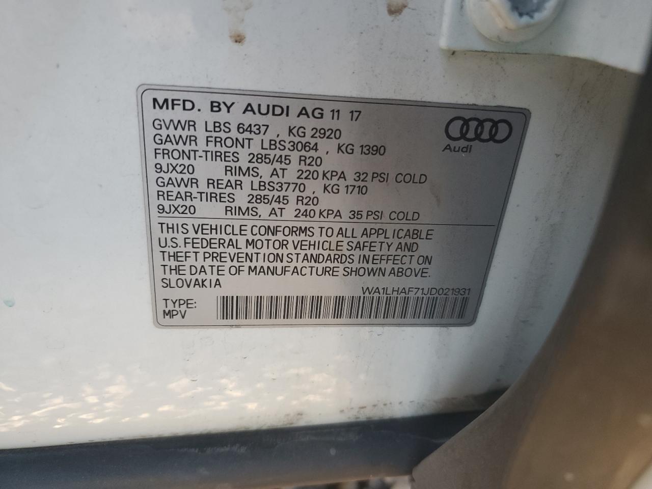 2018 Audi Q7 Premium Plus VIN: WA1LHAF71JD021931 Lot: 68901835