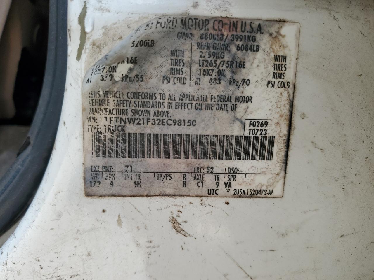 2002 Ford F250 Super Duty VIN: 1FTNW21F32EC98150 Lot: 67511095