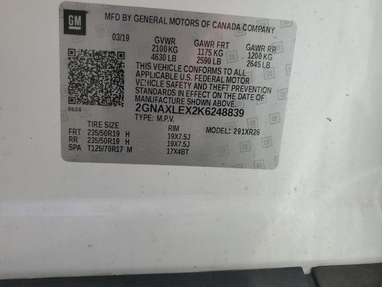 2019 Chevrolet Equinox Lt VIN: 2GNAXLEX2K6248839 Lot: 69867075