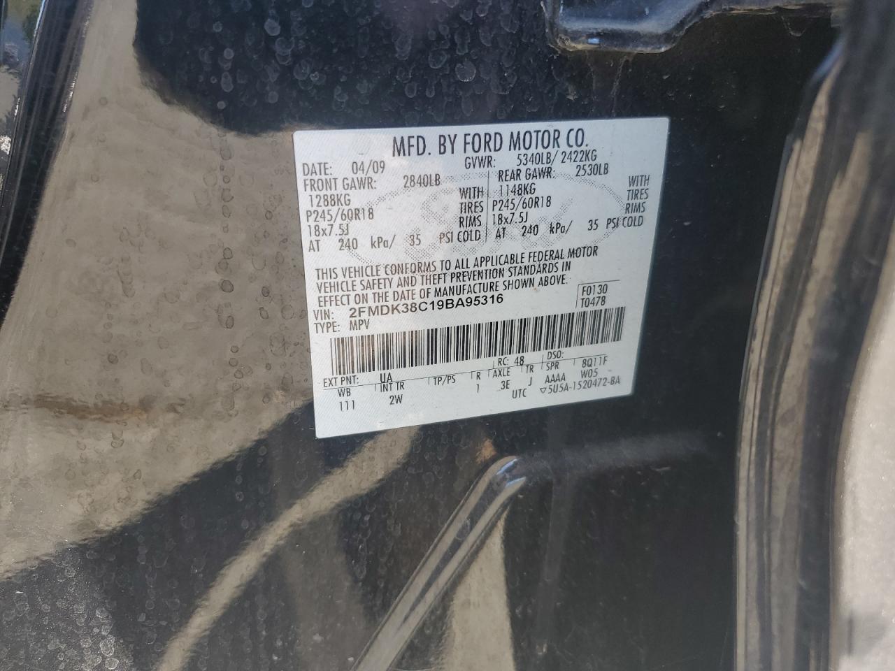 2009 Ford Edge Sel VIN: 2FMDK38C19BA95316 Lot: 67085405