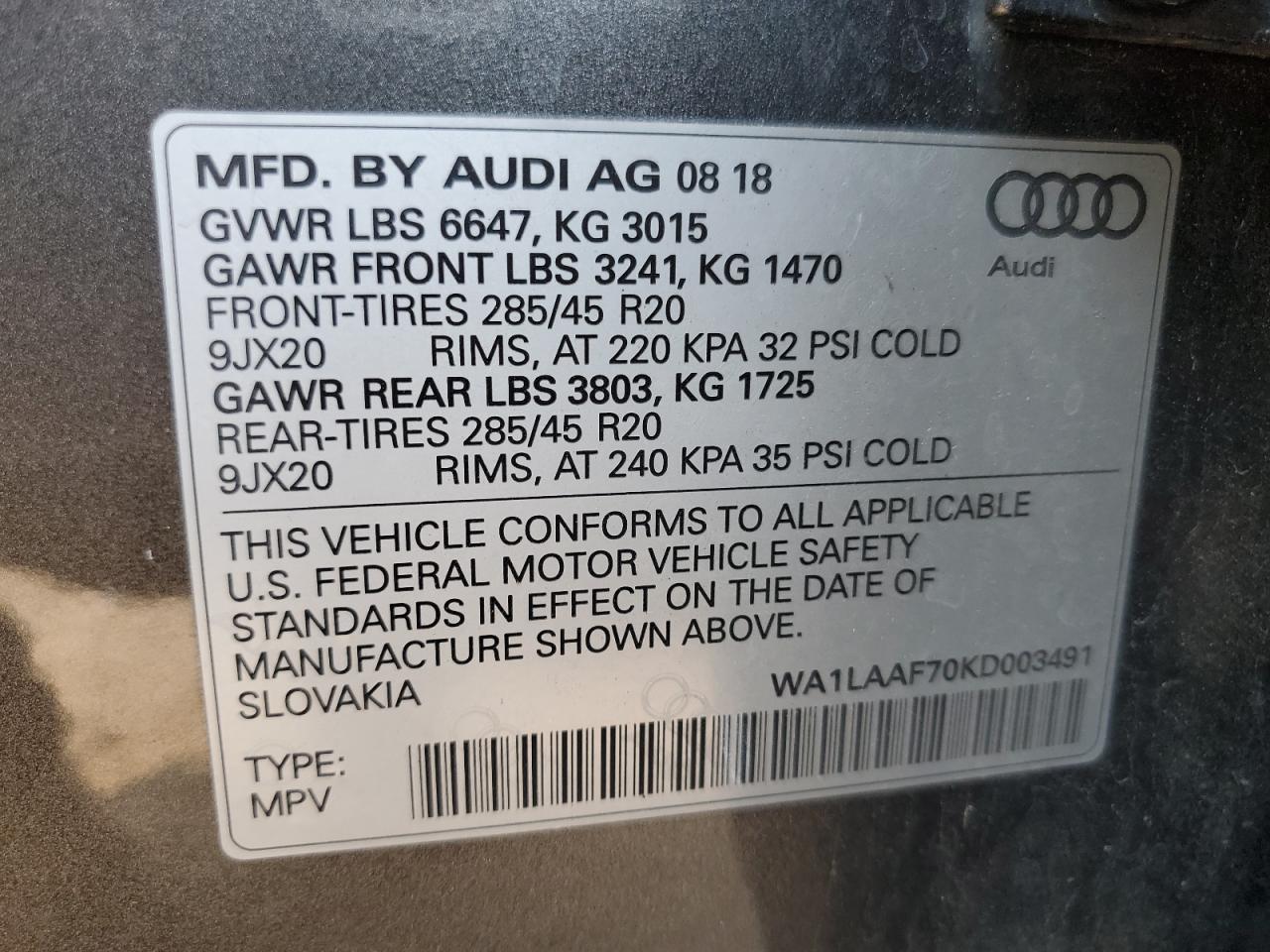 2019 Audi Q7 Premium Plus VIN: WA1LAAF70KD003491 Lot: 67390855