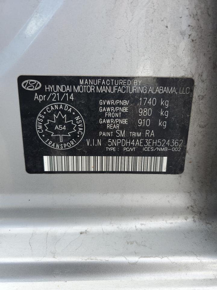 2014 Hyundai Elantra Se VIN: 5NPDH4AE3EH524362 Lot: 70381585