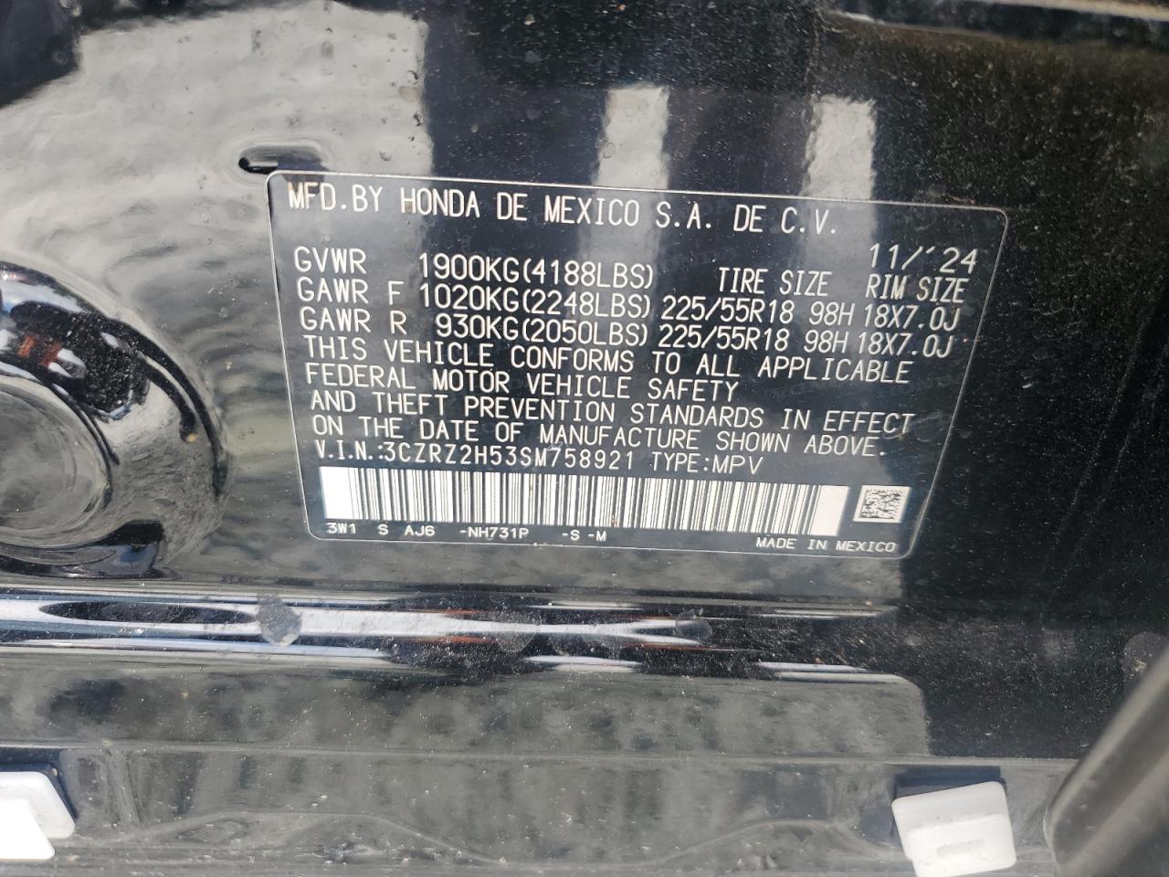 2025 Honda Hr-V Sport VIN: 3CZRZ2H53SM758921 Lot: 69782705