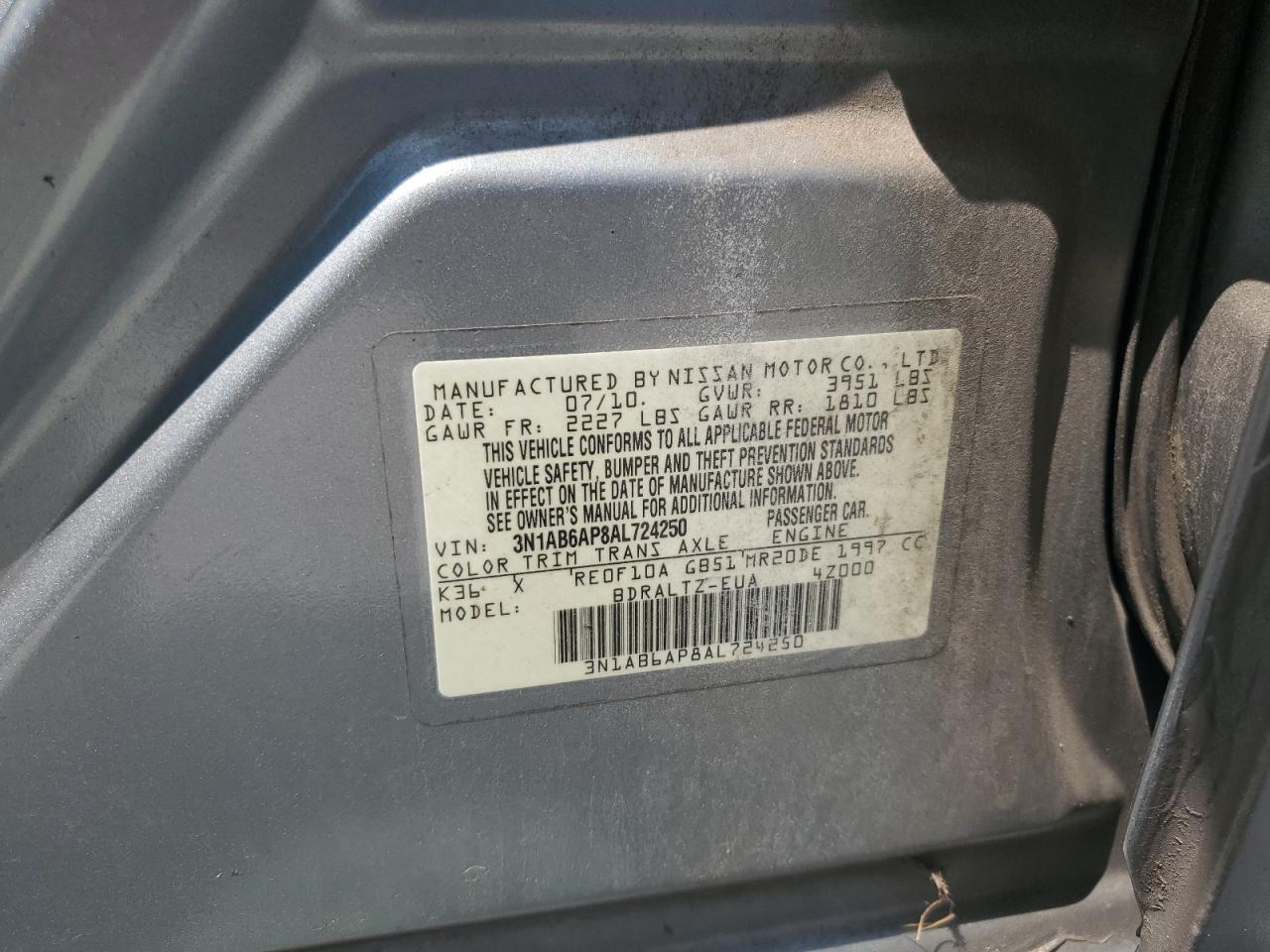 2010 Nissan Sentra 2.0 VIN: 3N1AB6AP8AL724250 Lot: 69091975