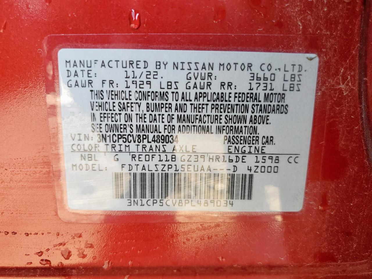 2023 Nissan Kicks Sv VIN: 3N1CP5CV8PL489034 Lot: 66549825