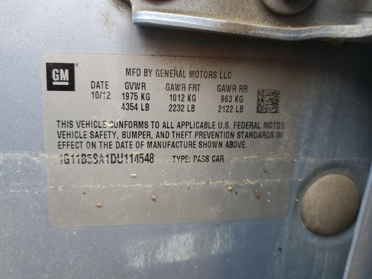 2013 Chevrolet Malibu Ls VIN: 1G11B5SA1DU114548 Lot: 69114905