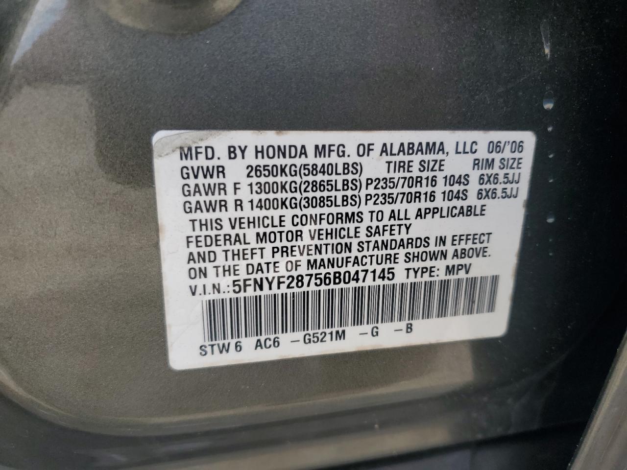 2006 Honda Pilot Ex VIN: 5FNYF28756B047145 Lot: 67837475