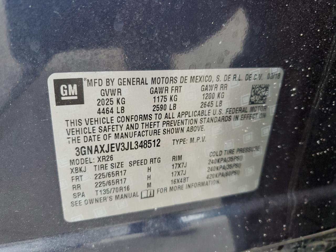 2018 Chevrolet Equinox Lt VIN: 3GNAXJEV3JL348512 Lot: 69821205