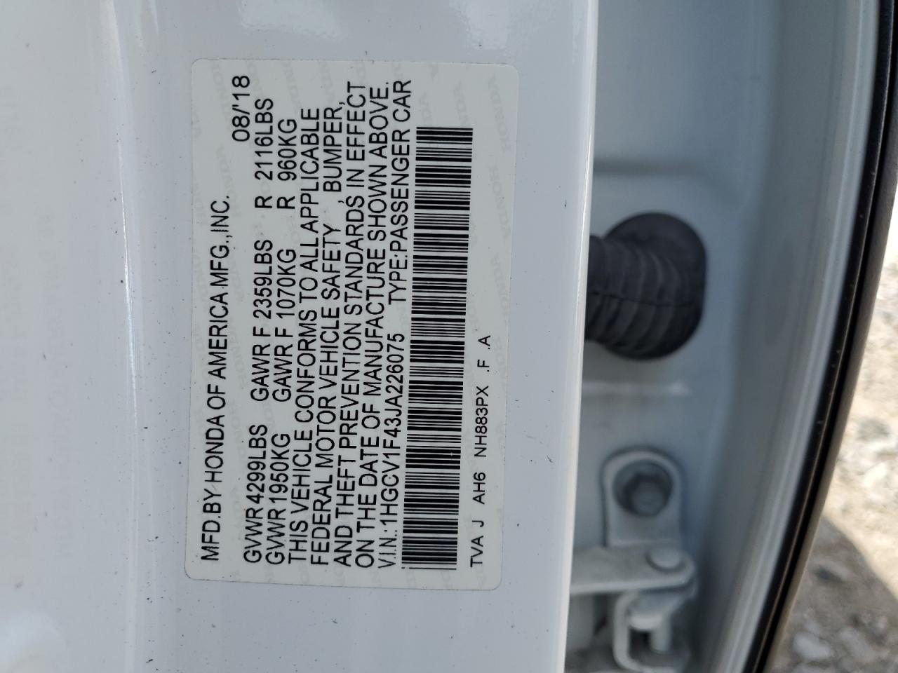 2018 Honda Accord Ex VIN: 1HGCV1F43JA226075 Lot: 69919285