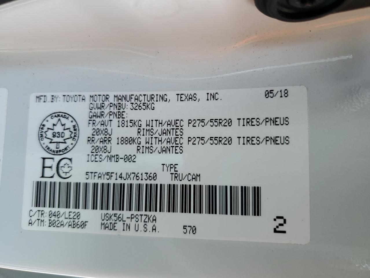 2018 Toyota Tundra Crewmax 1794 VIN: 5TFAY5F14JX761360 Lot: 67914965