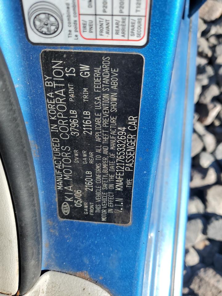 2006 Kia Spectra Lx VIN: KNAFE121765332694 Lot: 69959765