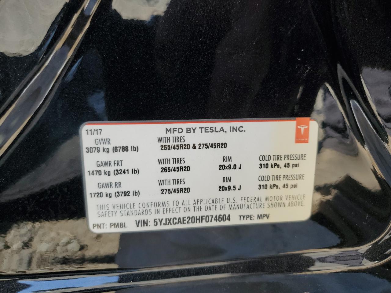 5YJXCAE20HF074604 2017 Tesla Model X