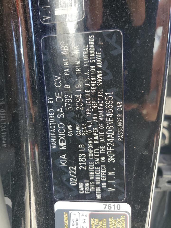 2022 Kia Forte Fe VIN: 3KPF24AD8NE466951 Lot: 70586225