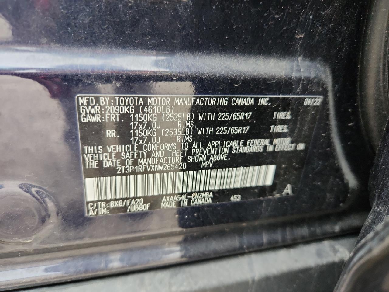 2022 Toyota Rav4 Xle VIN: 2T3P1RFVXNW265420 Lot: 67959635