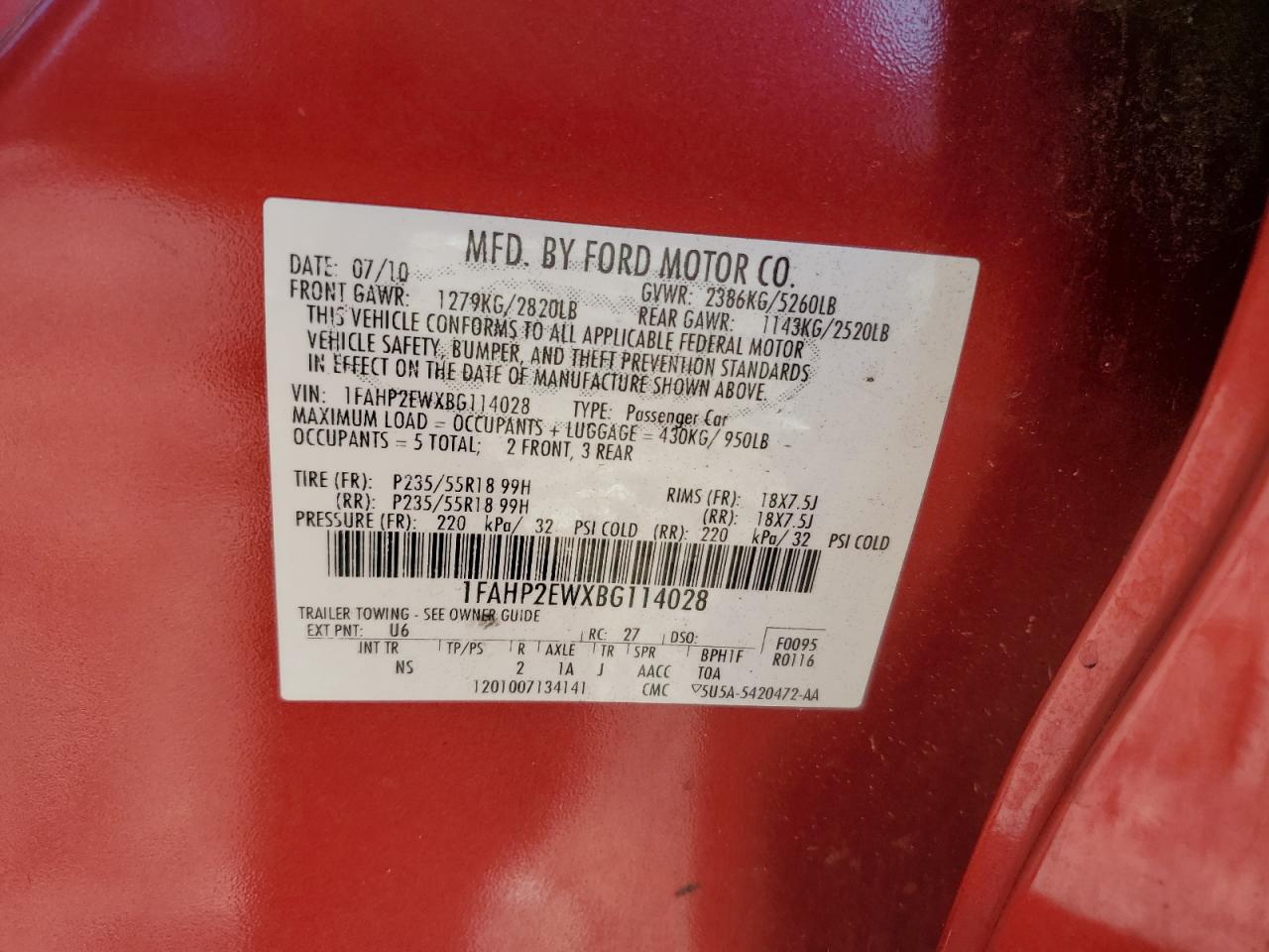 2011 Ford Taurus Sel VIN: 1FAHP2EWXBG114028 Lot: 70428615