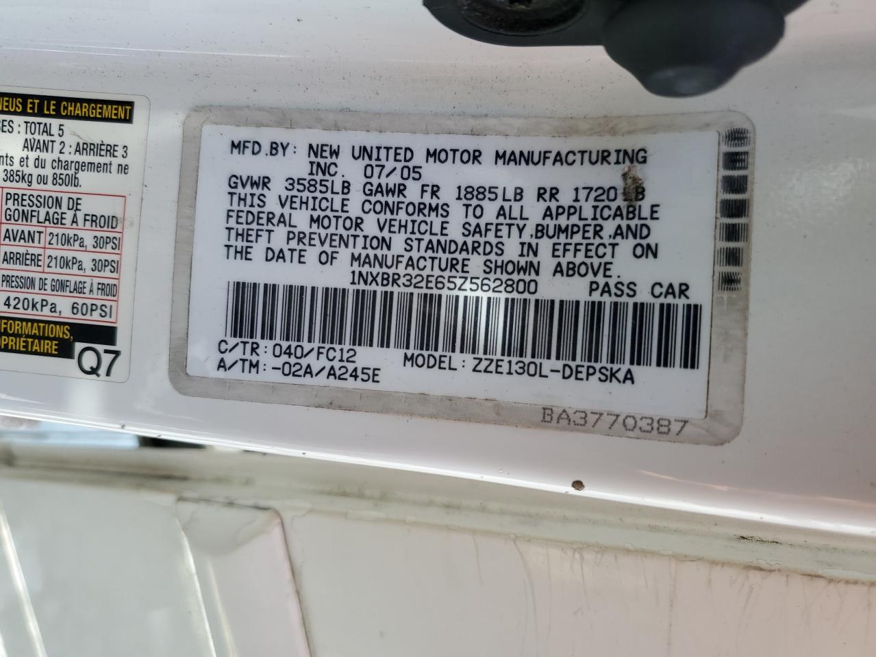 2005 Toyota Corolla Ce VIN: 1NXBR32E65Z562800 Lot: 68931635