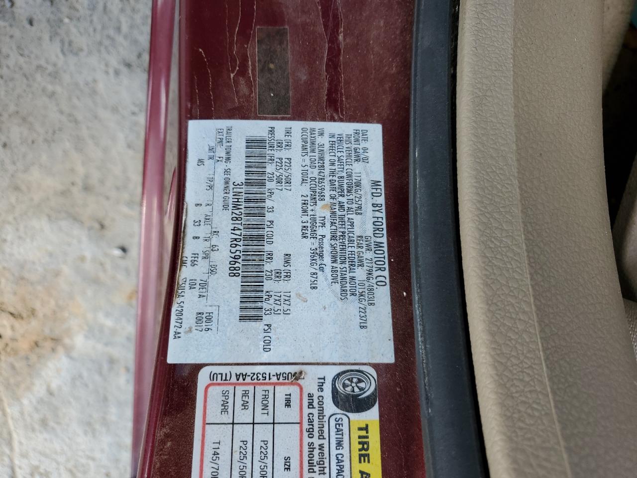 2007 Lincoln Mkz VIN: 3LNHM28T47R659688 Lot: 69936825