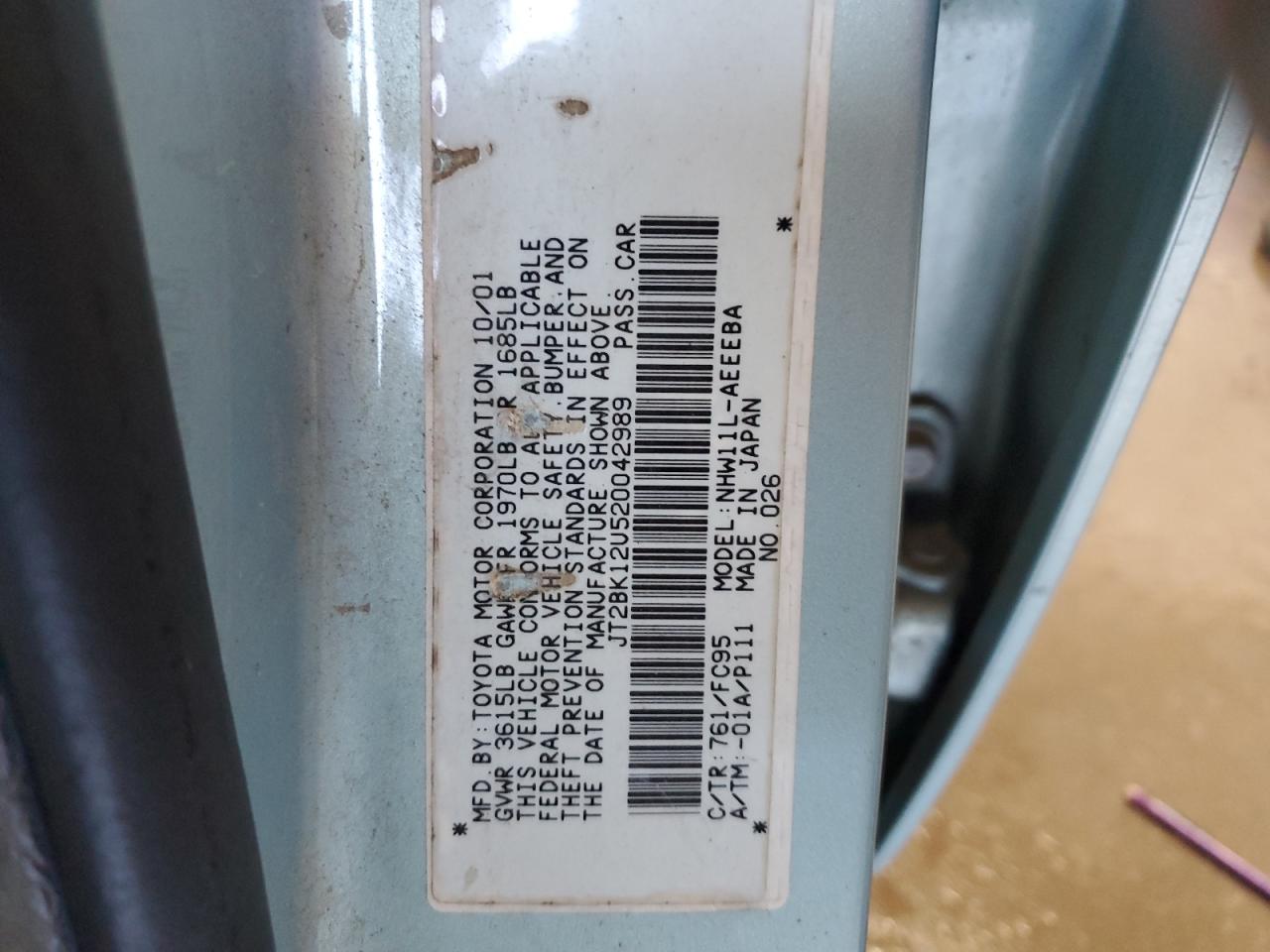 2002 Toyota Prius VIN: JT2BK12U520042989 Lot: 67600895