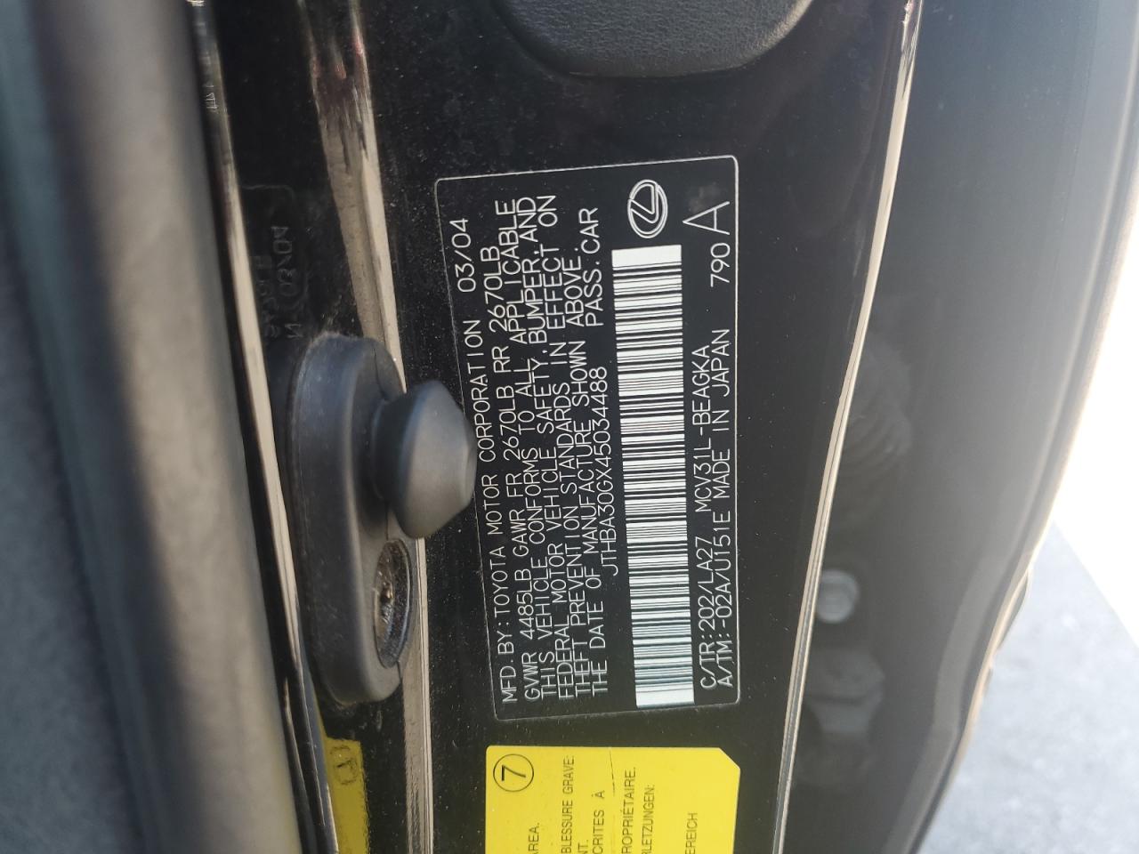 2004 Lexus Es 330 VIN: JTHBA30GX45034488 Lot: 69114425