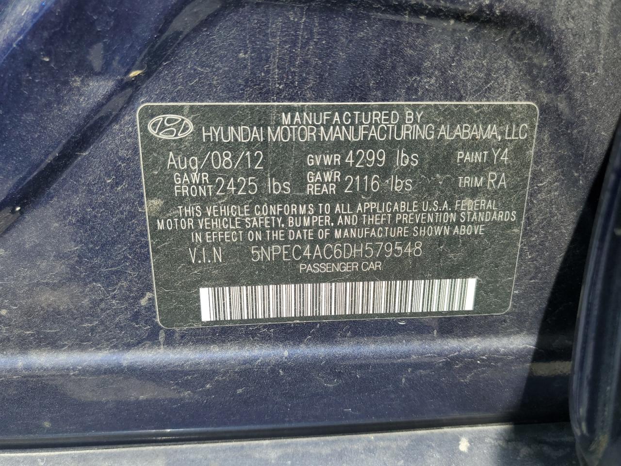 2013 Hyundai Sonata Se VIN: 5NPEC4AC6DH579548 Lot: 69877365