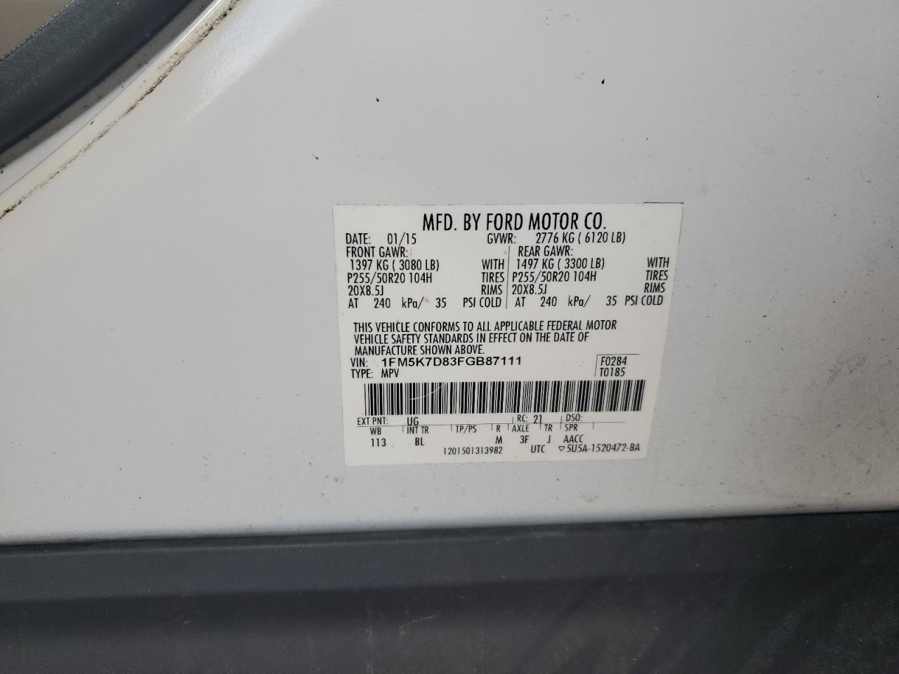 2015 Ford Explorer Xlt VIN: 1FM5K7D83FGB87111 Lot: 70184345