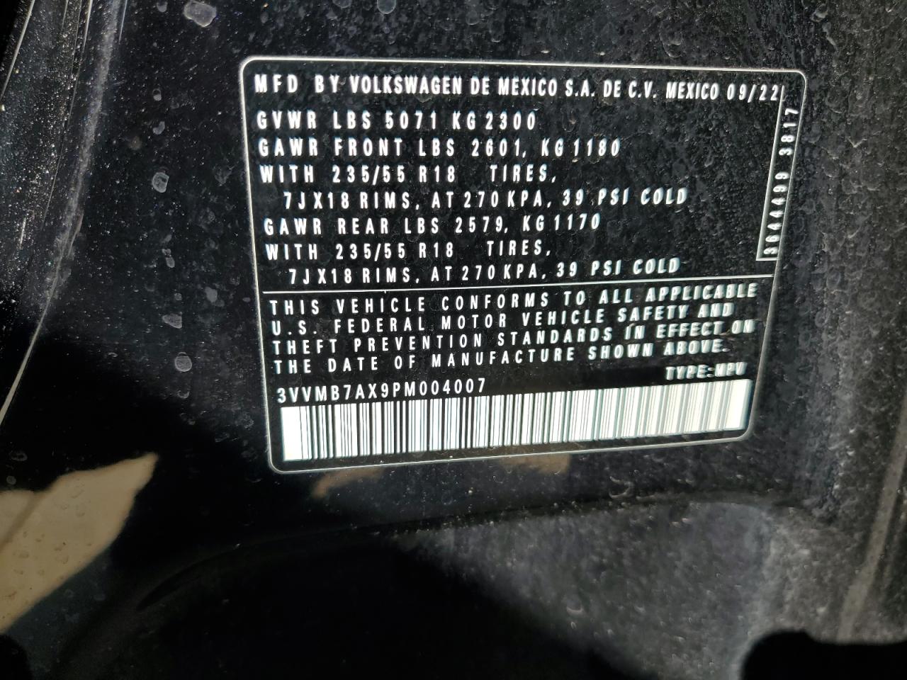 2023 Volkswagen Tiguan Se VIN: 3VVMB7AX9PM004007 Lot: 67941465
