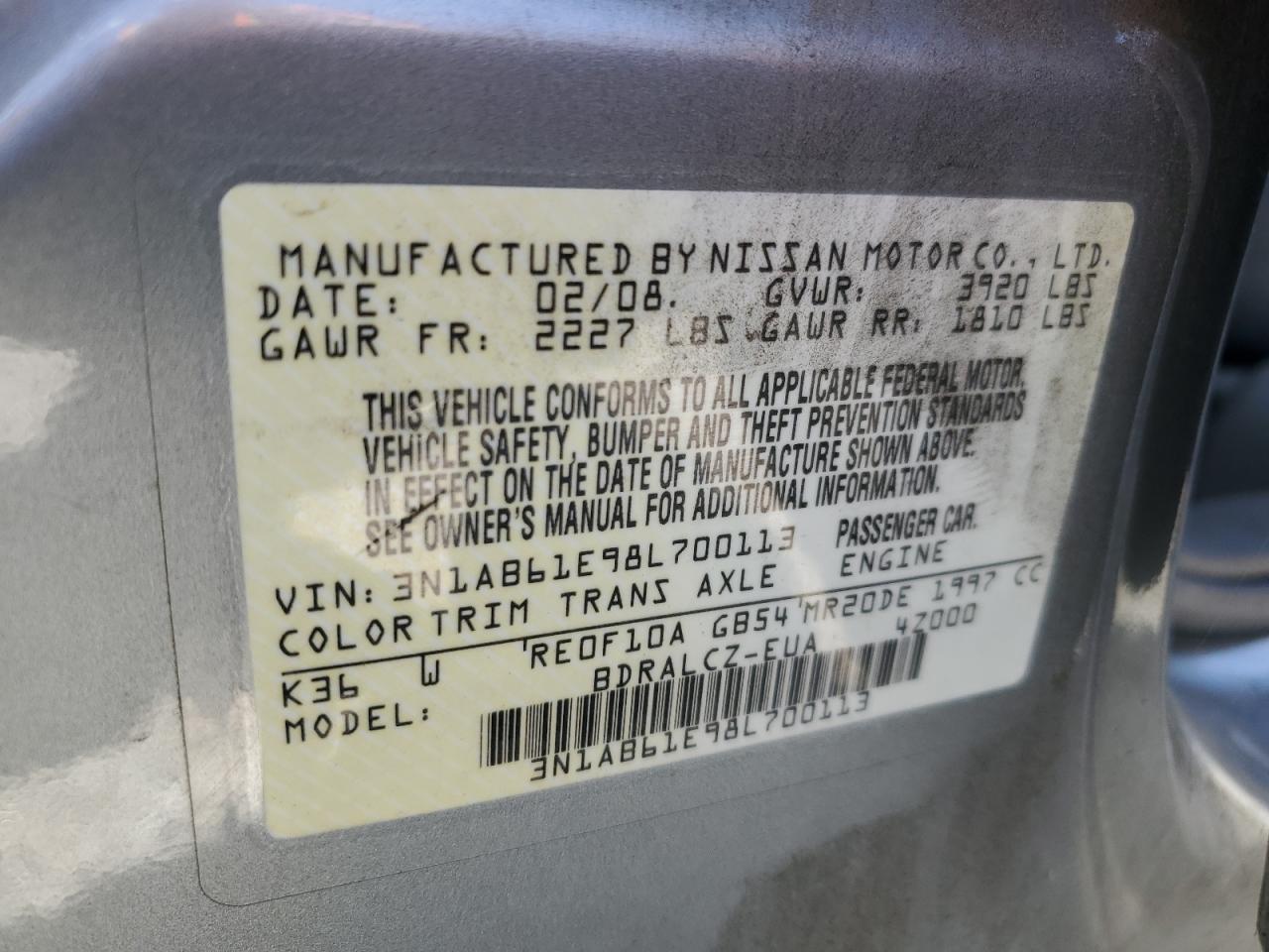 2008 Nissan Sentra 2.0 VIN: 3N1AB61E98L700113 Lot: 69816045