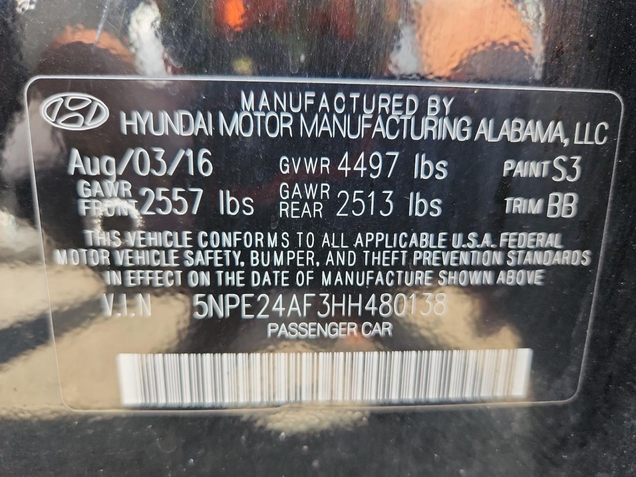 2017 Hyundai Sonata Se VIN: 5NPE24AF3HH480138 Lot: 69486985