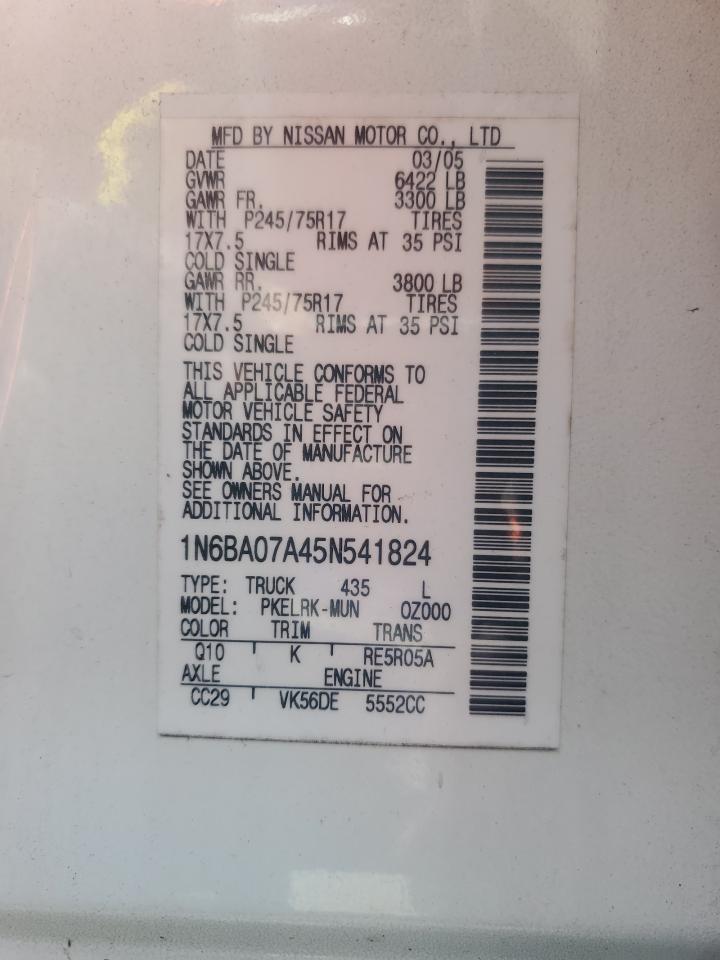 2005 Nissan Titan Xe VIN: 1N6BA07A45N541824 Lot: 68659145