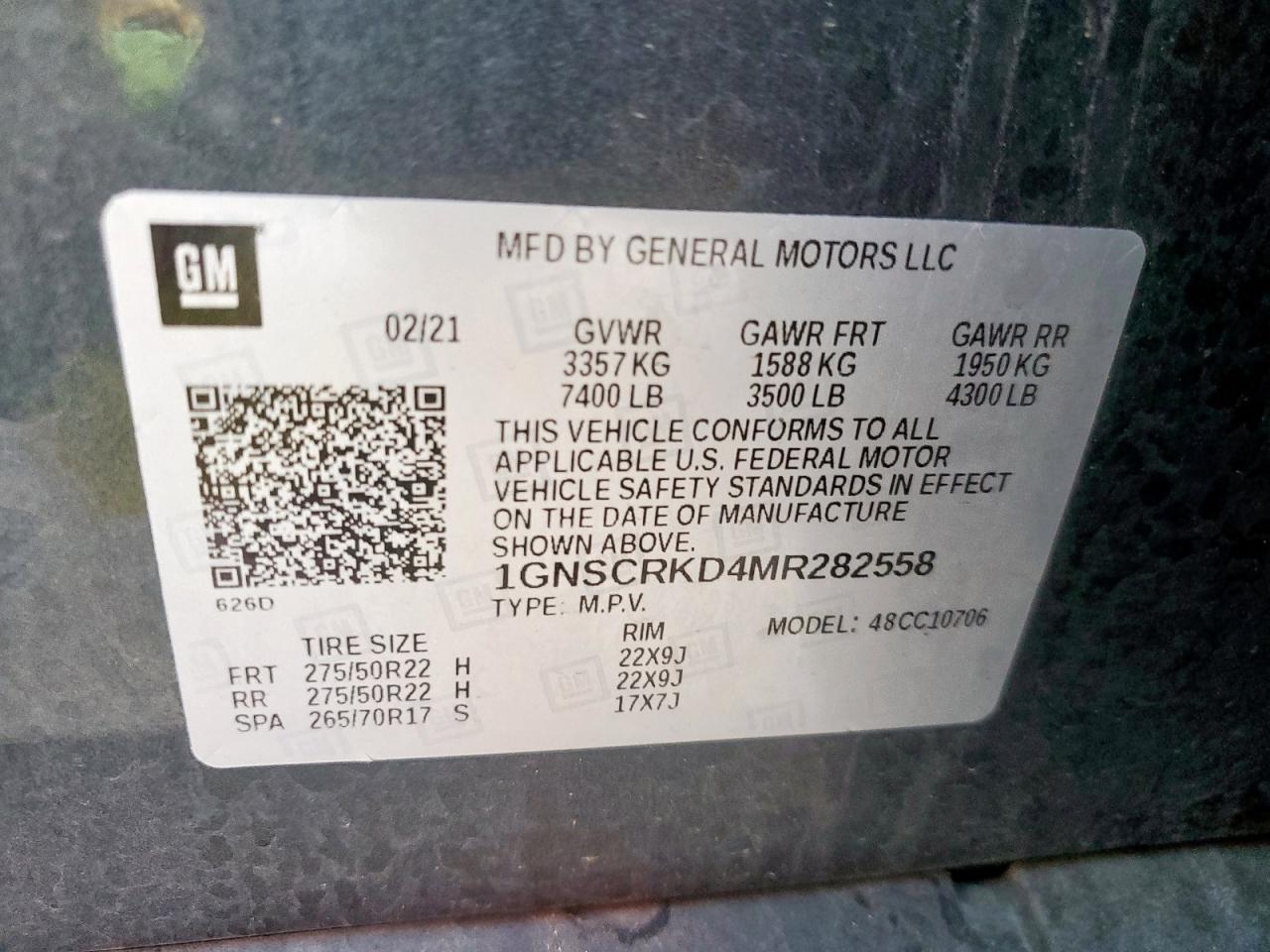 2021 Chevrolet Tahoe C1500 Rst VIN: 1GNSCRKD4MR282558 Lot: 69515065