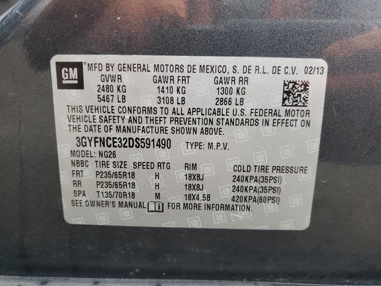 2013 Cadillac Srx Luxury Collection VIN: 3GYFNCE32DS591490 Lot: 70885205