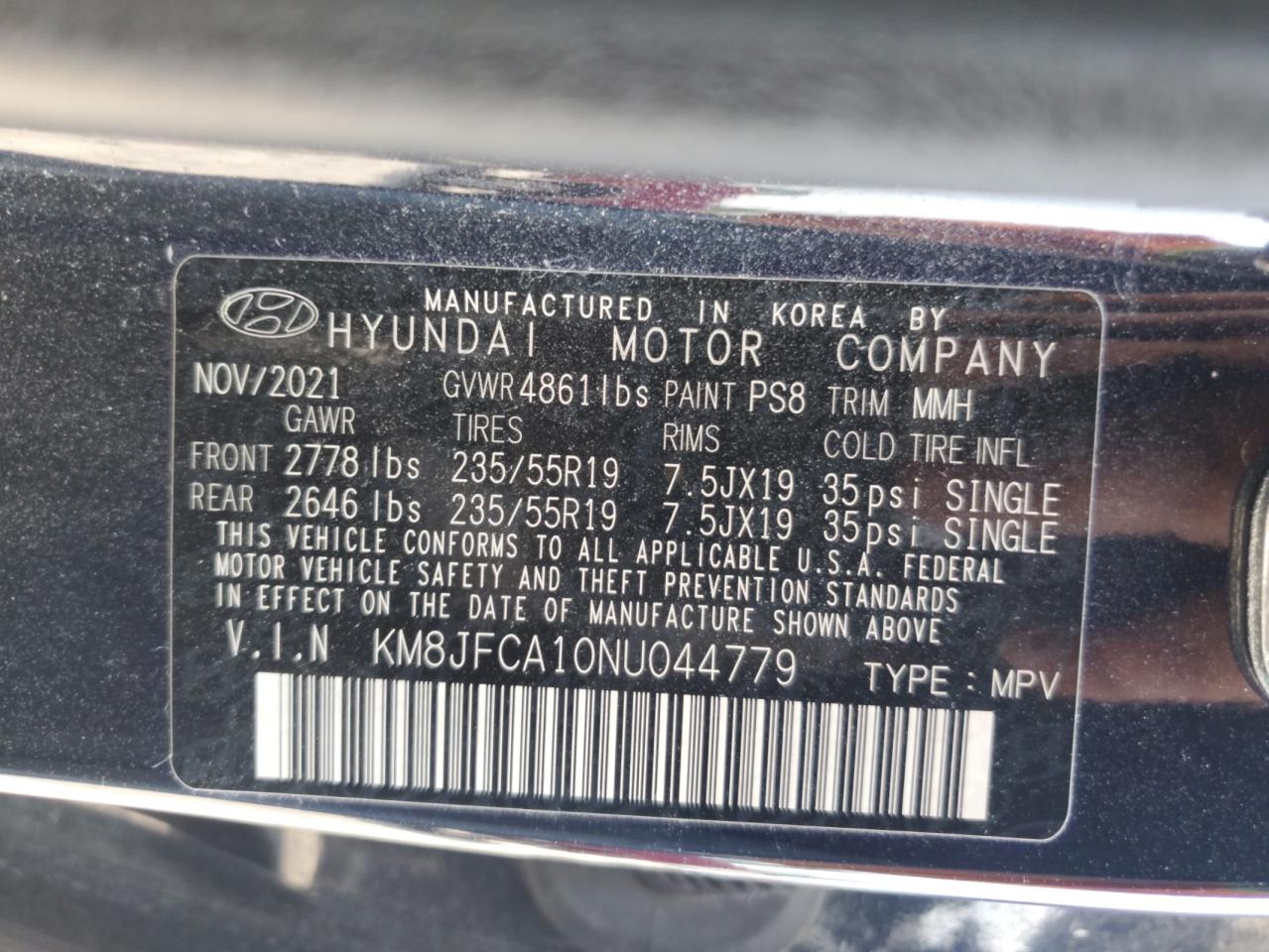 KM8JFCA10NU044779 2022 Hyundai Tucson Sel Convenience